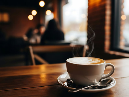 Steaming hot cappuccino with latte art on a saucer with coffee beans and spoon, served at a cozy cafe with blurred backgroundの素材