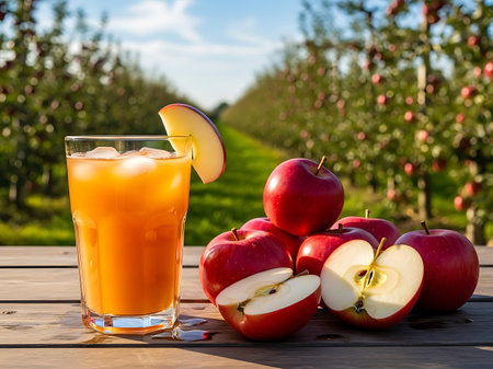 Refreshing glass of apple juice with fresh red apples on a wooden table in an apple orchard during a sunny day.の素材