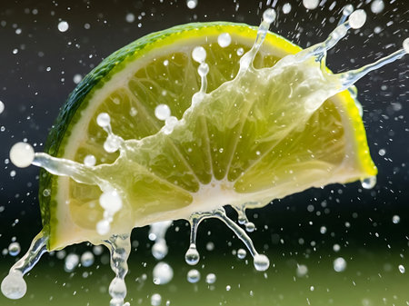 Lime slice falling into water with splash and drops on black backgroundの素材
