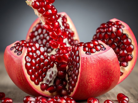 Ripe juicy pomegranate fruit cut in half, revealing vibrant red arils and seeds on a wooden surface, close-up detail.の素材