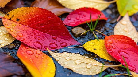 Vibrant autumn leaves with water droplets on wet groundの素材