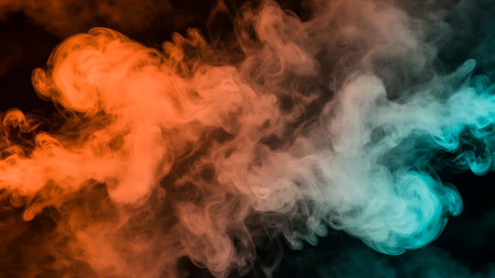 A visually striking image featuring orange, white, and blue smoke clouds against a dark backdrop, creating a dramatic and artistic effect.の素材