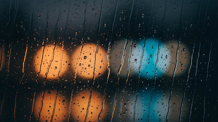 A rainy night scene captured through a wet window, with city lights reflected on the glass, creating a blurred and distorted view of the outside world. The image conveys a sense of coziness and isolation, with the rain-soaked windowpane serving as a barrier between the viewer and the urban landscape.の素材