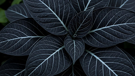 A close-up image of dark leaves with prominent white veins, clustered together. The leaves have a glossy appearance and are arranged in a circular pattern, creating a visually appealing composition.の素材