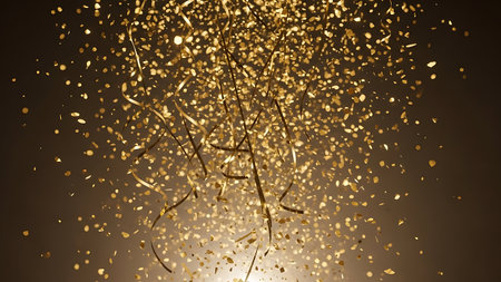 Golden confetti falling from above with bright lightの素材