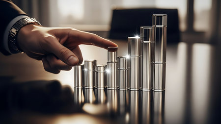Person touching metal cylinders arranged in ascending order on tableの素材