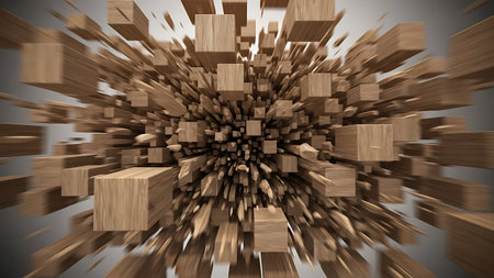Wooden cubes exploding outwards in a 3d renderingの素材