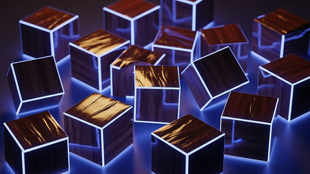 Glowing cubes with wooden texture in dark backgroundの素材