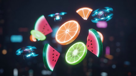 Fresh fruit and drone flying in the air at nightの素材