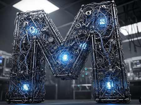 Intricate Mechanical Letter M with Blue Glowing Energyの素材