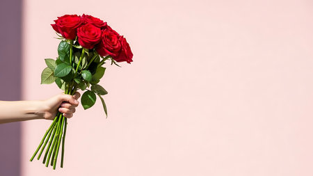 A hand holding a bouquet of red roses against a pink background with a purple accent wallの素材