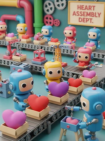 Robots Working on an Assembly Line Factory Making Heartsの素材
