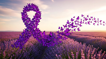 Purple butterflies forming a ribbon over a lavender fieldの素材