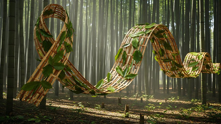 Traditional Bamboo Woven Awareness Ribbon in a Misty Forestの素材