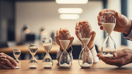 Team Hands Holding Different Sized Hourglasses for Time Managementの素材