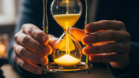 Hands Holding a Glowing Hourglass to Measure Passing Timeの素材