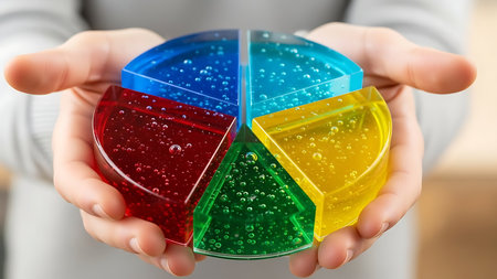 Hands Holding Transparent Gel Pie Chart with Bubblesの素材