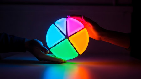Person Holding Colorful Glowing Pie Chart in Dark Backgroundの素材