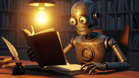 Steampunk Robot Reading Book by Lamplight with Quill Penの素材