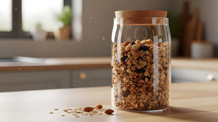 Healthy Homemade Granola in Glass Jar with Cork Lid on Kitchen Counterの素材