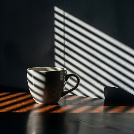 White mug bathed in dramatic sunlight and shadow stripes from blinds on a wooden tableの素材