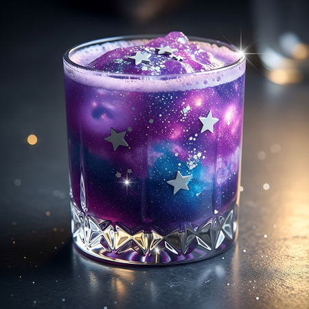 Cosmic Galaxy Theme Cocktail with Star Shapes in a Crystal Glassの素材