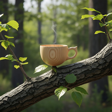 Eco Friendly Handcrafted Wooden Coffee Cup Balanced on a Forest Tree Branchの素材