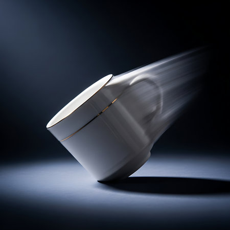 Elegant white coffee mug with gold trim tipping over with motion blur on dark backgroundの素材