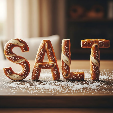 SALT Spelled with Large Soft Pretzels and Sea Salt Granules on a Wooden Tableの素材