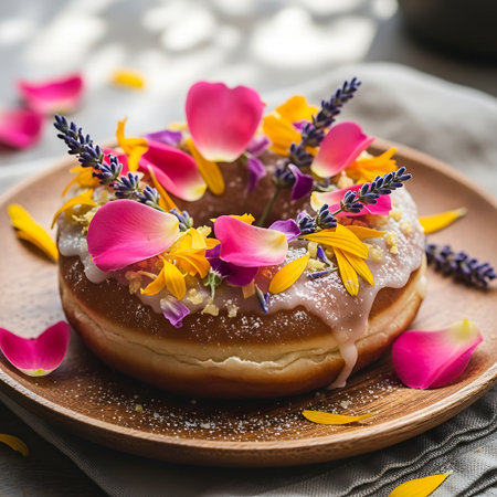 Elegant Glazed Donut Topped with Pink Rose Petals and Lavender Flowersの素材