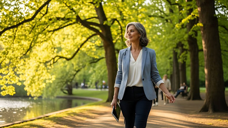 Confident Mature Businesswoman Walking in Sunny Park with Digital Tabletの素材