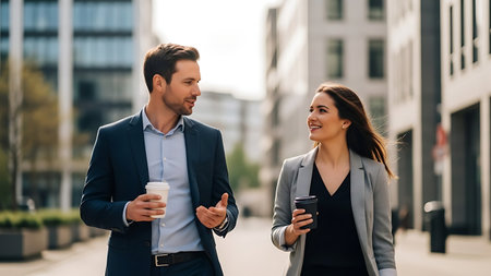 Business Colleagues Discussing Project while Walking Outdoors with Coffeeの素材