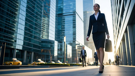 Confident Businesswoman Walking with Briefcase in Modern Business Districtの素材