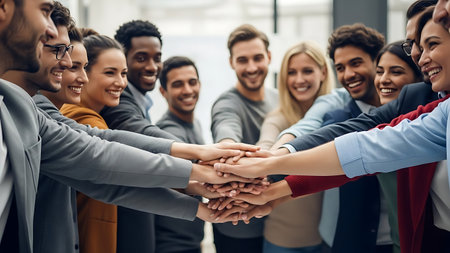 Diverse Business Team Putting Hands Together in Unity and Successの素材