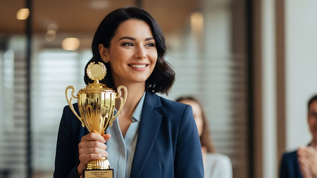Proud Businesswoman Celebrating Achievement Holding a Gold Trophy Awardの素材