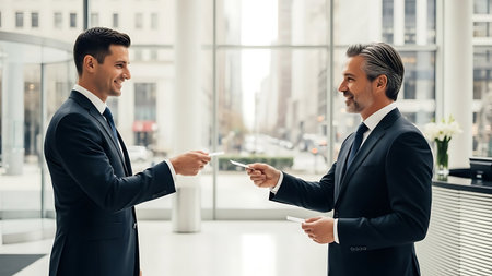 Two Businessmen Exchanging Business Cards in Modern Corporate Office Lobbyの素材