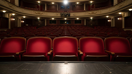 Front View of Red Velvet Seats in an Empty Classic Theater Hallの素材