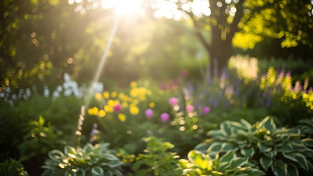 Sun Drenched Summer Garden with Blurred Flowers and Bright Sun Flareの素材
