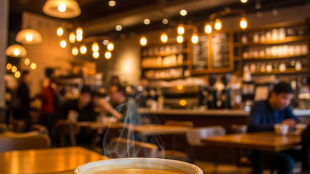 Warm Blurred Coffee Shop Interior with Steaming Cup in Foregroundの素材