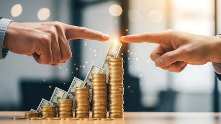 Financial Investment Success and Wealth Growth Concept with Stacked Coins and Cashの素材