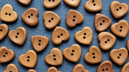 Heart shaped wooden buttons scattered on blue denim fabric backgroundの素材