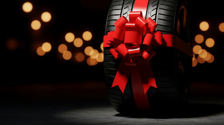 Automotive Tire with a Red Bow Against Golden Bokeh Backgroundの素材