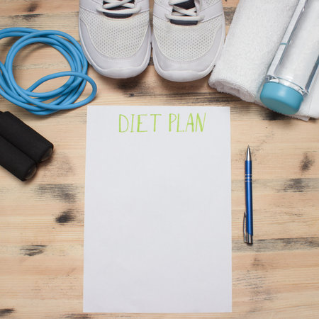 Workout and fitness equipment, diet plan listの写真素材