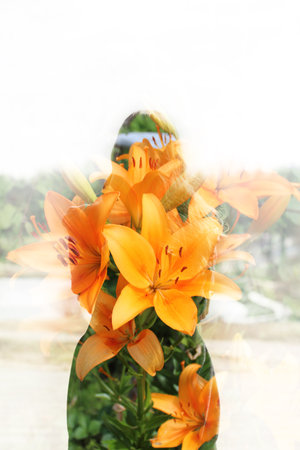 Beautiful woman standing back to camera double exposure with orange liliesの写真素材