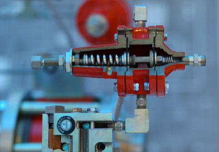 Industrial gas pressure regulator cut, red color, blue backgroundの写真素材