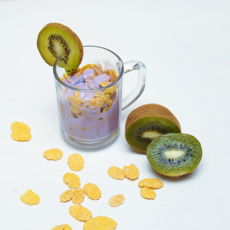 Fresh, healthy and delicious yogurt parfait in glass jar, the perfect breakfast, snack or dessert.の写真素材