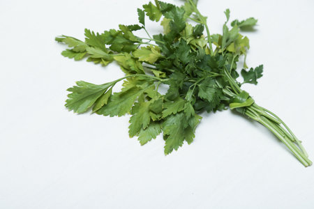 Fresh parsley bouquet on white wooden backgroundの写真素材