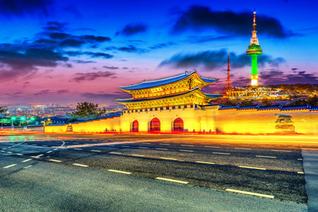 Landmark of Korea with covered Gyeongbokgung n Seoul Tower , South koreaのeditorial素材
