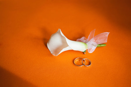 Boutonniere with a pair of ringsの写真素材