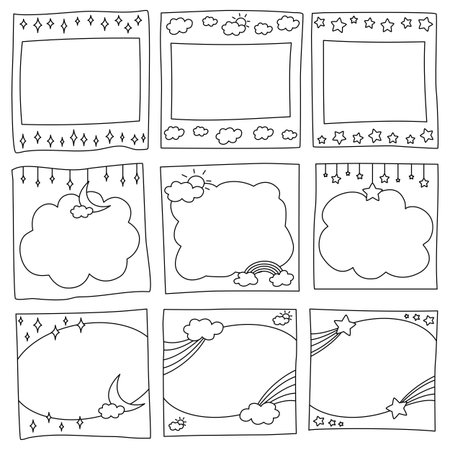Vector set of hand drawn doodle frames with weather, clouds, stars, rainbows and clouds. Sticky note clipart , notebook paper, memo pad,のイラスト素材